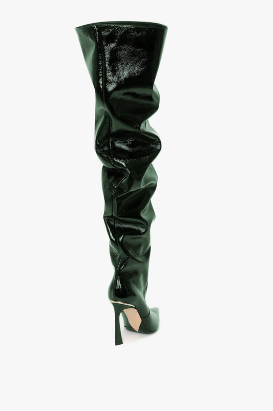 Thigh High Pointy Boot in Dark Green Grained Patent