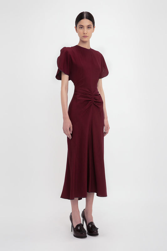 Gathered Waist Midi Dress In Port