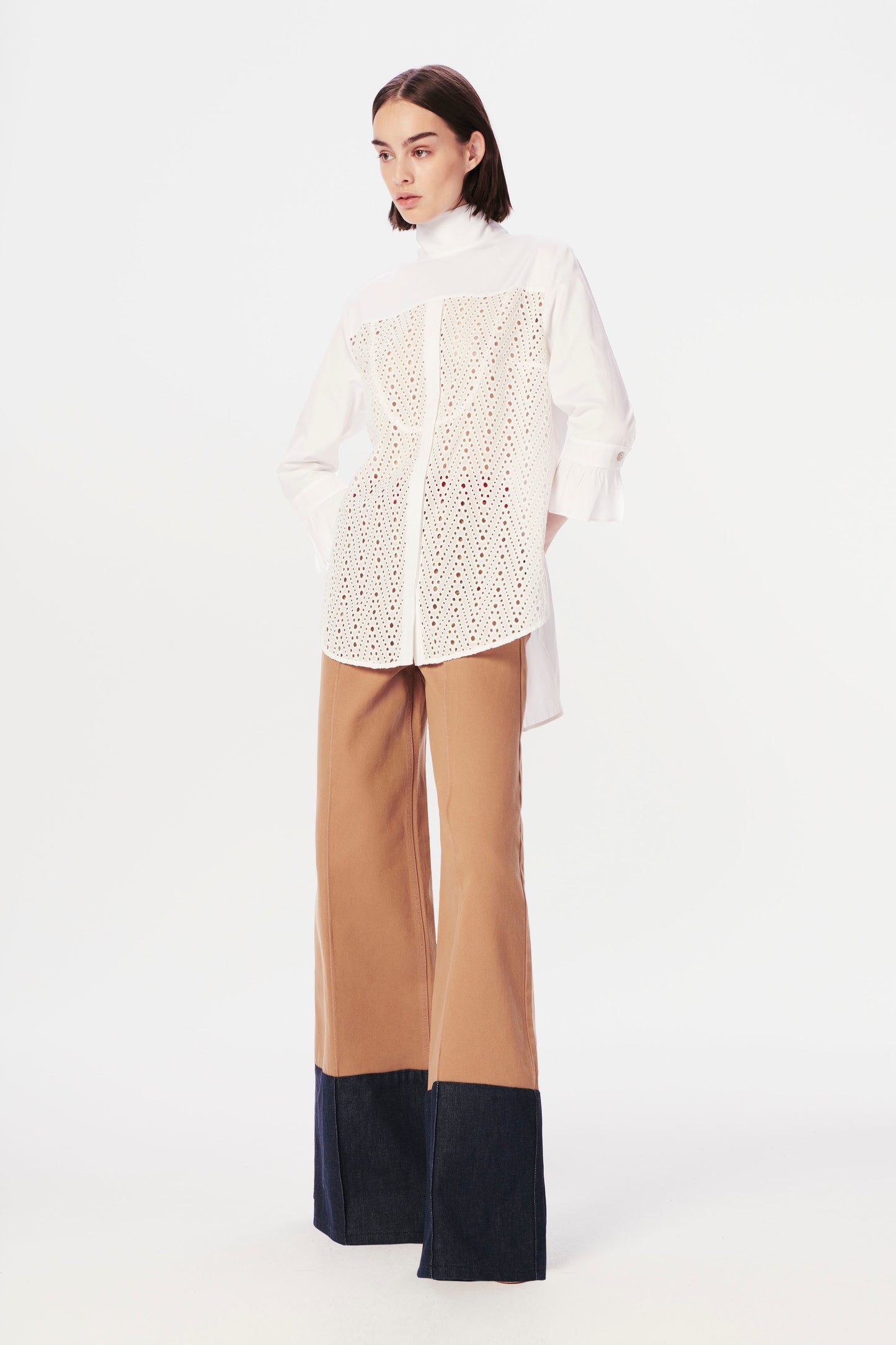 Upcycled Tie-Neck Lace Panel Shirt in White