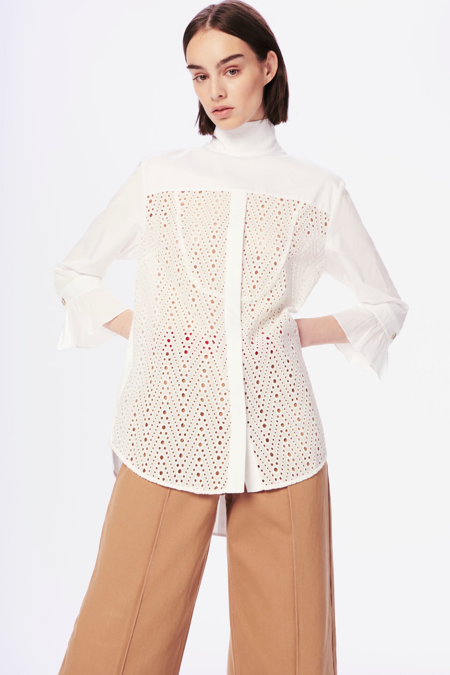 Upcycled Tie-Neck Lace Panel Shirt in White