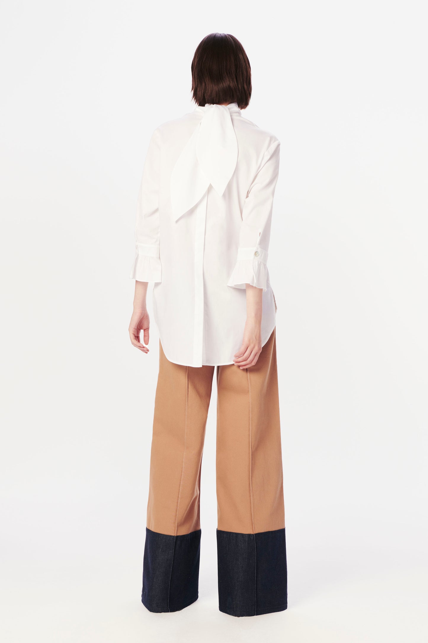 Upcycled Tie-Neck Lace Panel Shirt in White