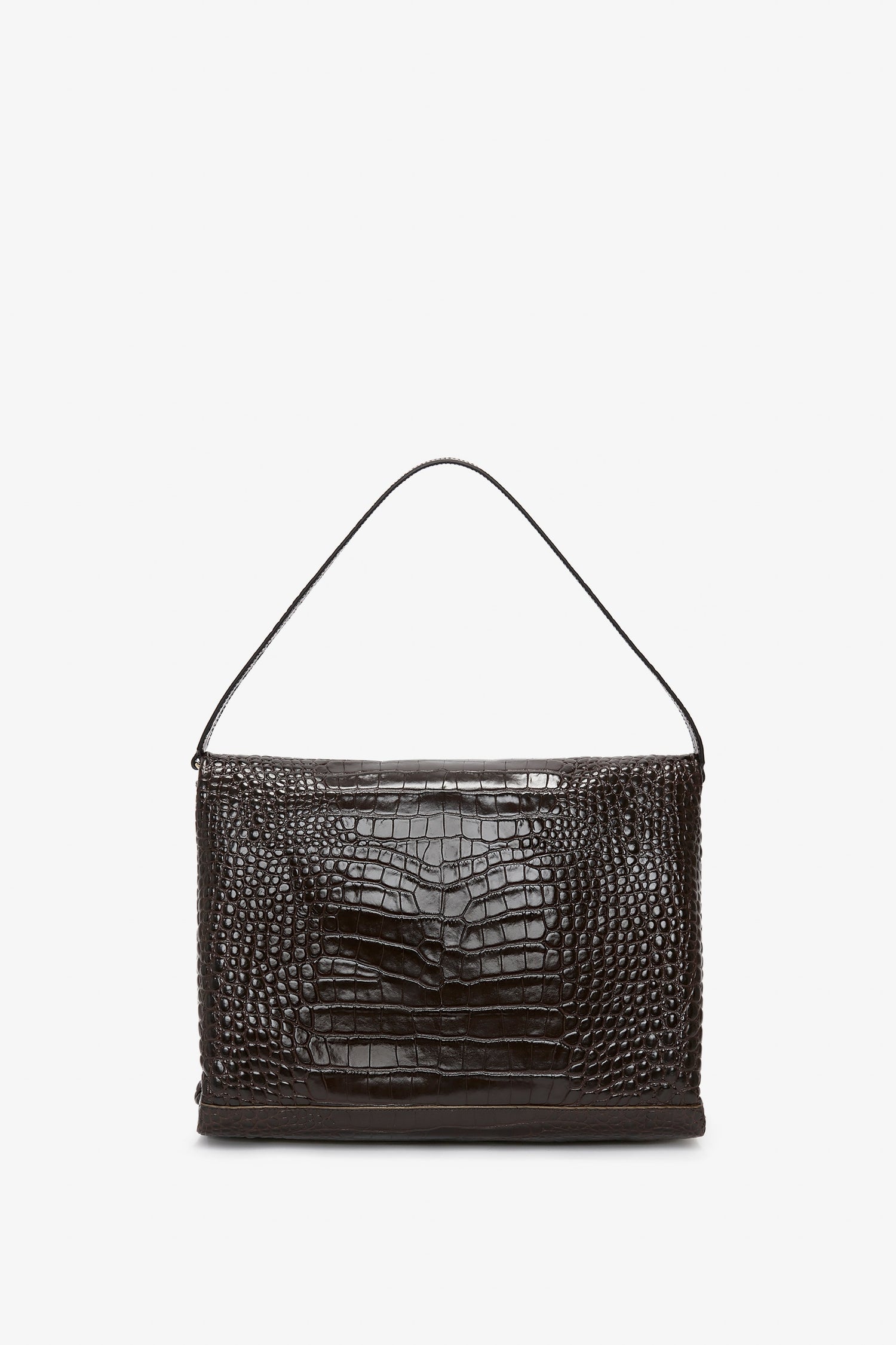 A dark chocolate brown textured handbag with a single shoulder strap, featuring a crocodile pattern design—this versatile piece also functions as a chic cross-body bag. The **Jumbo Chain Pouch Bag In Chocolate Croc-Effect Leather** by **Victoria Beckham** is the perfect addition to any stylish wardrobe.