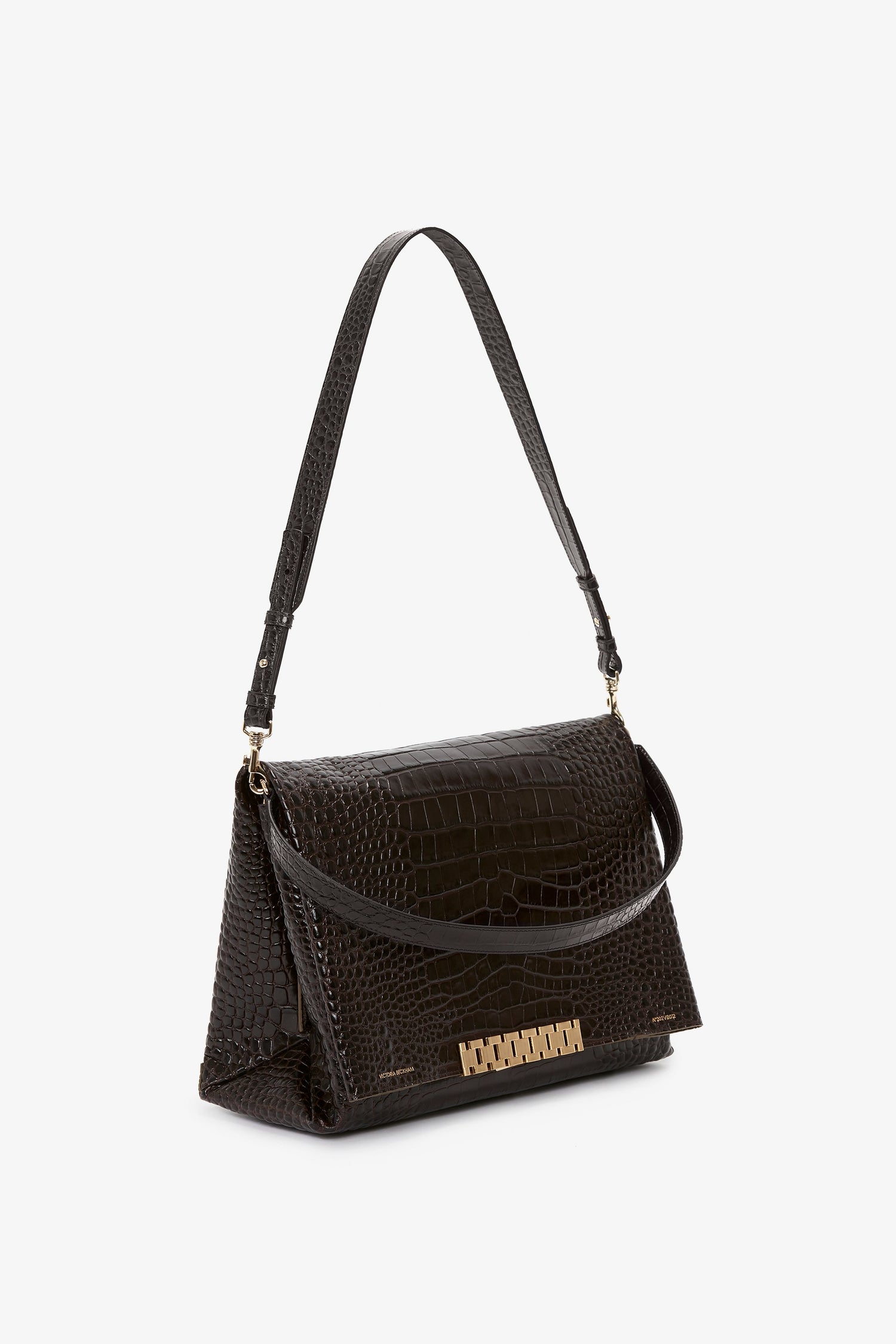 A Victoria Beckham Jumbo Chain Pouch Bag In Chocolate Croc-Effect Leather, featuring gold hardware details and an adjustable shoulder strap on a white background.