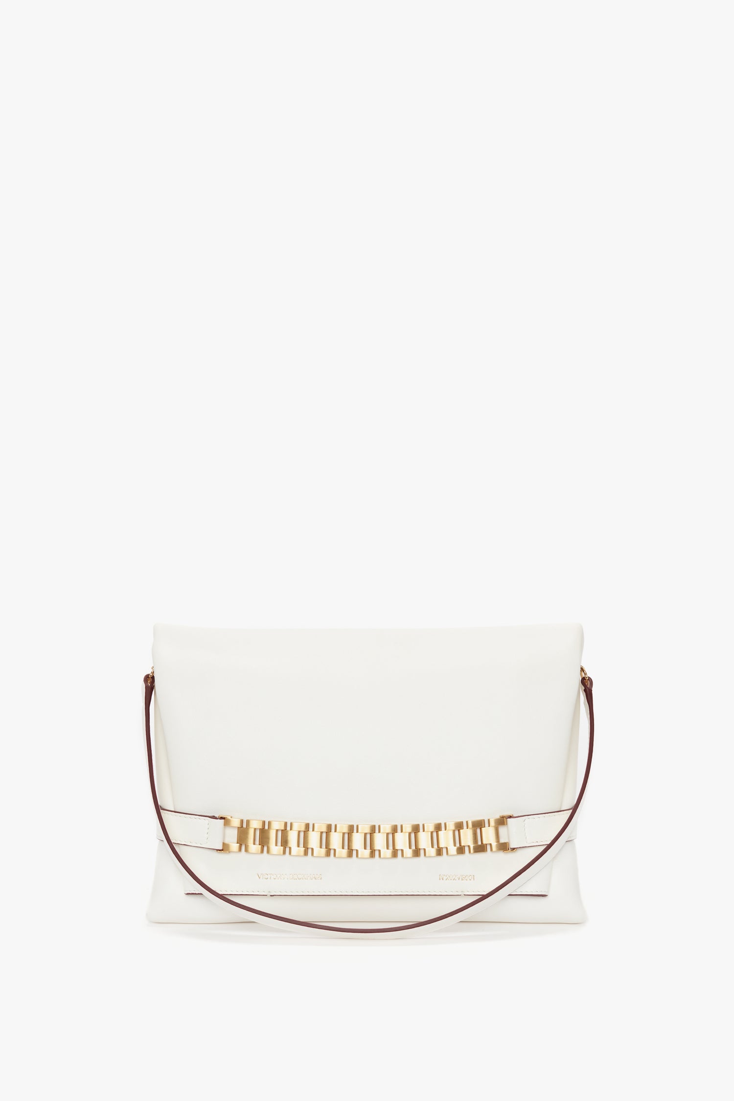 White Chain Pouch with Strap In White Leather by Victoria Beckham with a gold chain detail and Nappa leather on a white background.