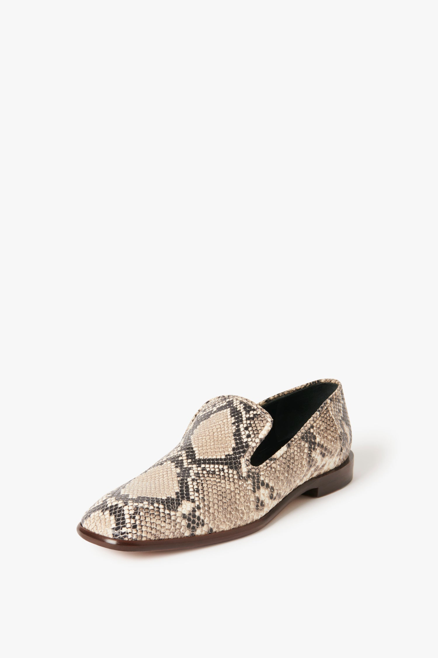 A single, Victoria Beckham Hanna Loafer in Beige Snake Print features a pointed toe and a low wooden heel, set against a white background.