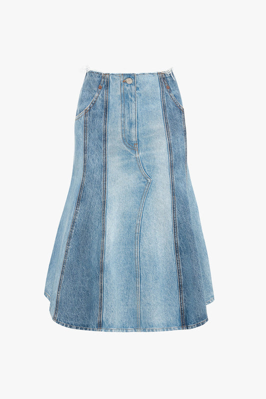 Deconstructed Denim Midi Skirt In Vintage Wash