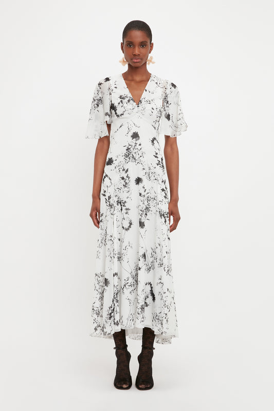 Floaty Godet Dress In Monochrome