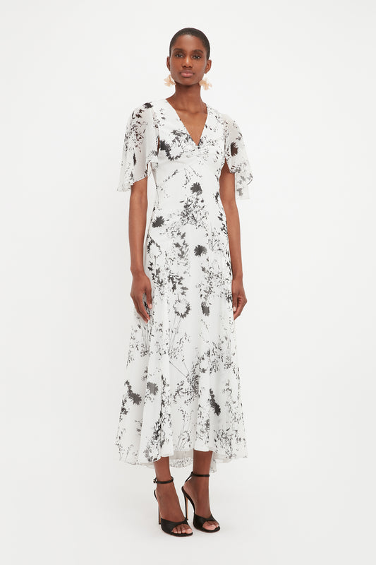 Floaty Godet Dress In Monochrome