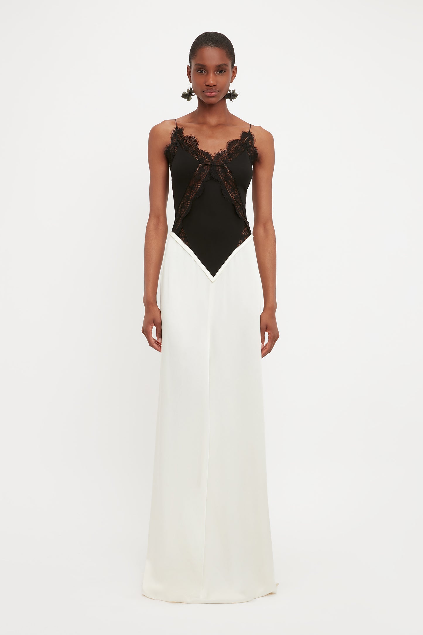 Lace Insert Cami Floor-Length Dress In Ivory