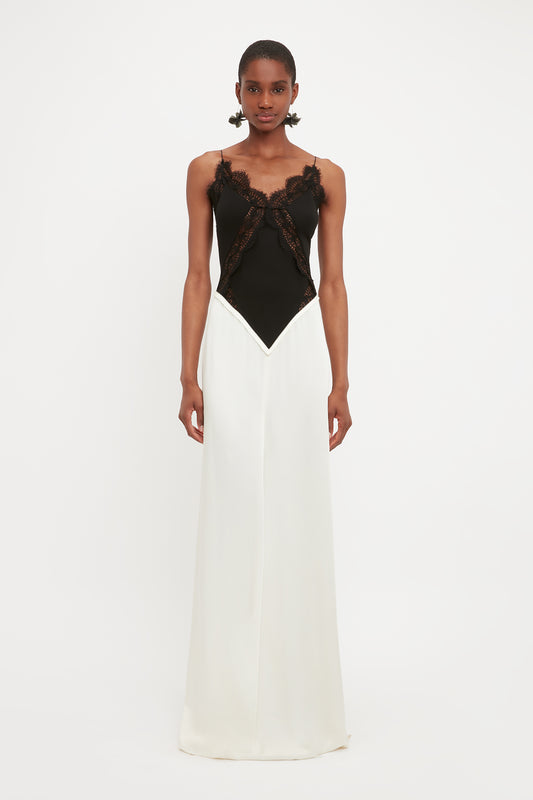 Lace Insert Cami Floor-Length Dress In Ivory