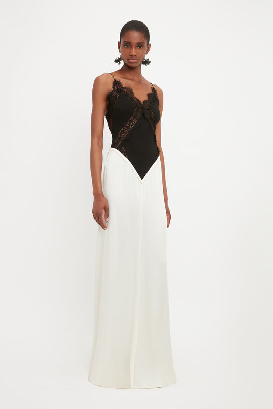 Lace Insert Cami Floor-Length Dress In Ivory
