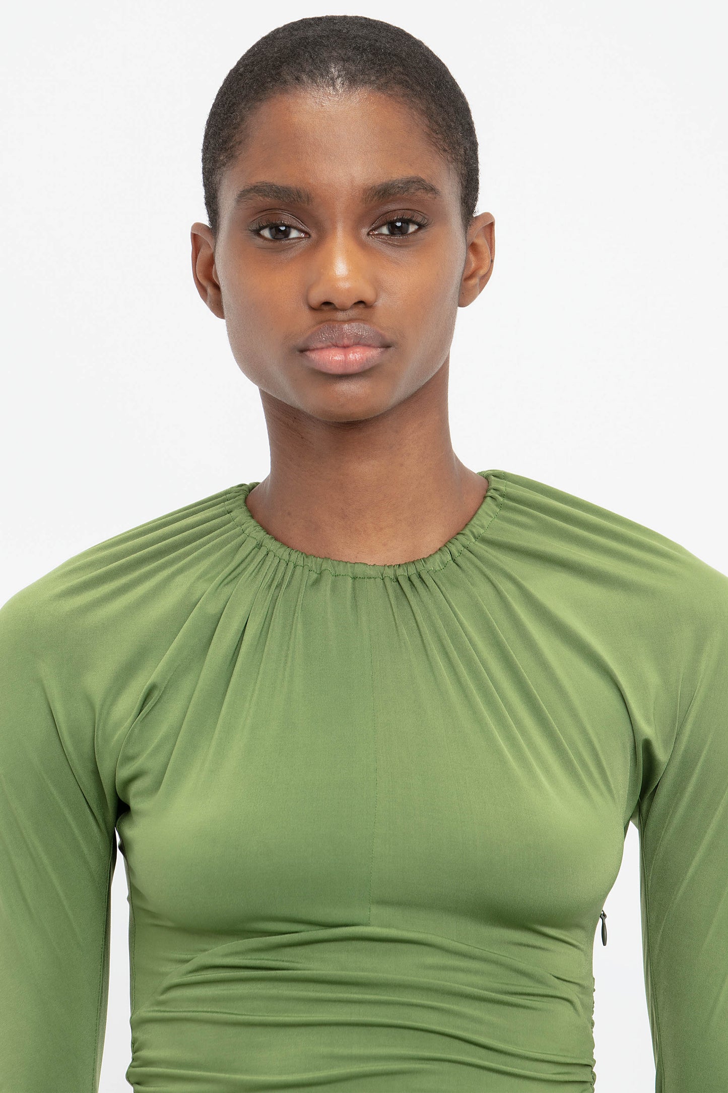 Long Sleeve Gathered Detail Top In Fern