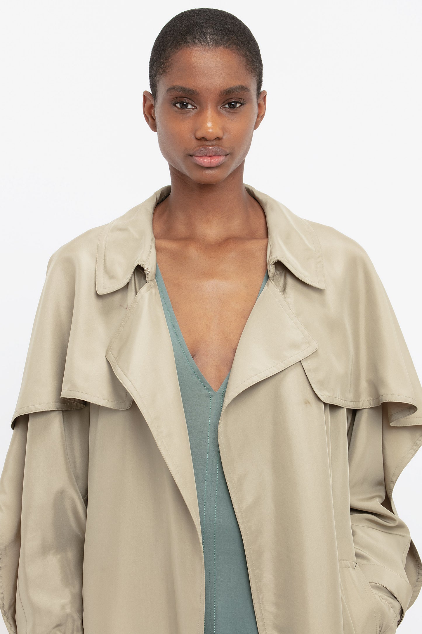 Pleated Back Fluid Trench Coat In Lichen Green