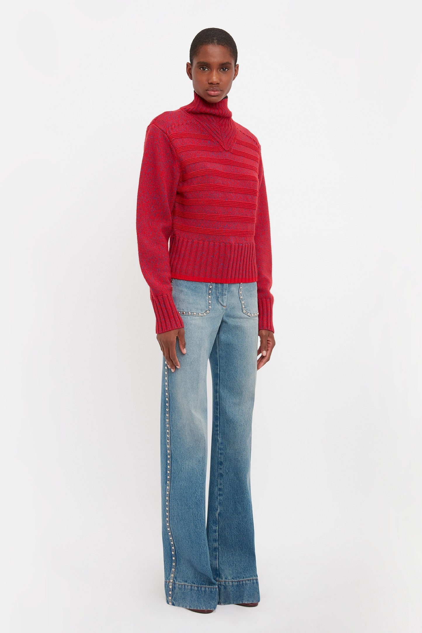 Ribbed Detail Polo Neck In Red