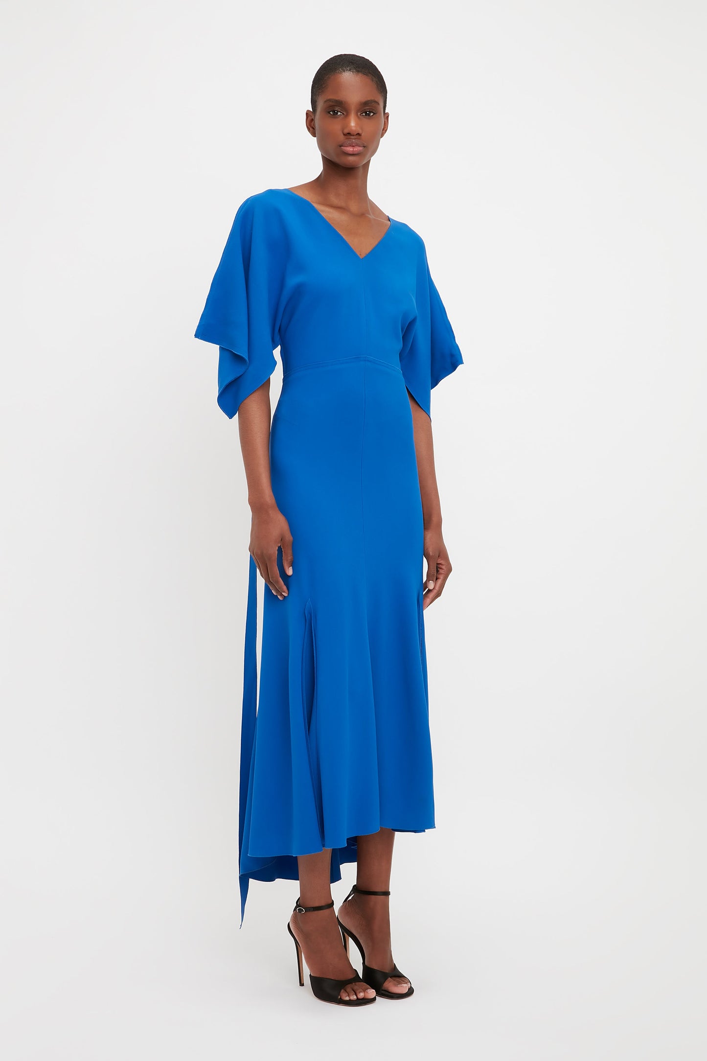 V-Neck Bias Godet Dress In Bright Blue