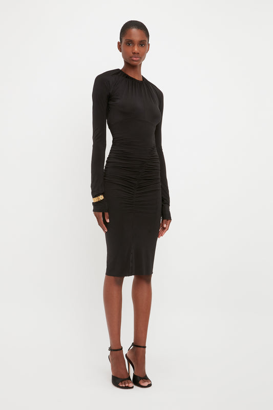 Long Sleeve Fitted Dress In Black