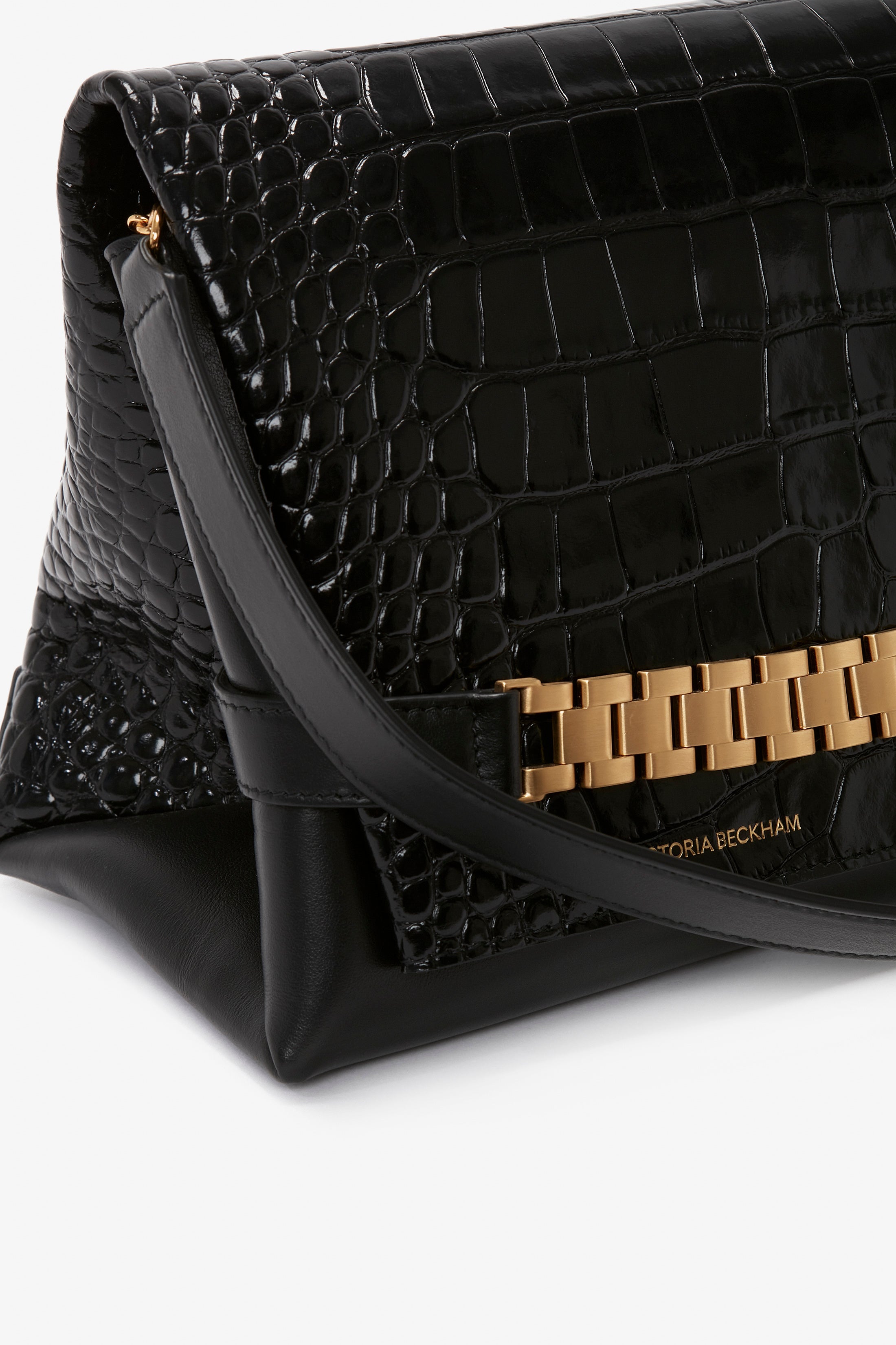 Chain Pouch Bag With Strap In Black Croc Embossed Leather Victoria Beckham