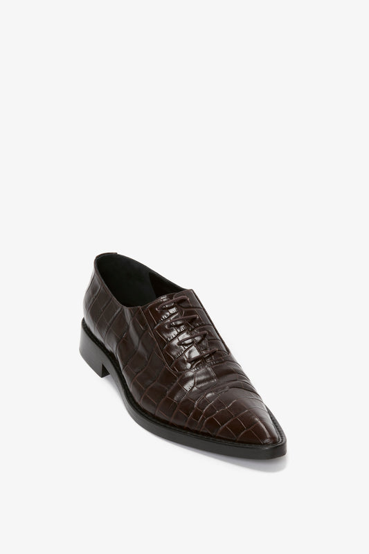 Pointy Toe Flat Lace Up In Chocolate Croc-Effect Leather
