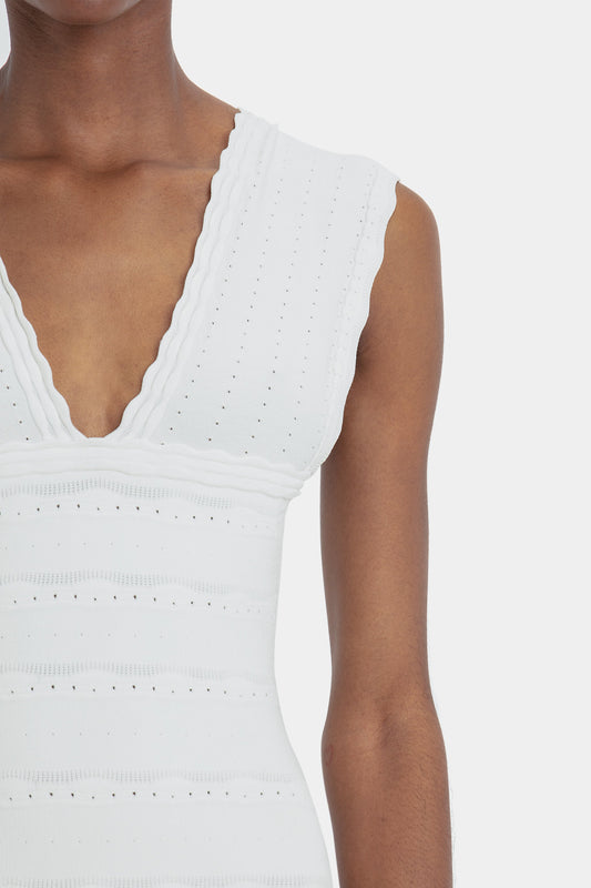 Stretch Knit Sleeveless Flared Dress In White