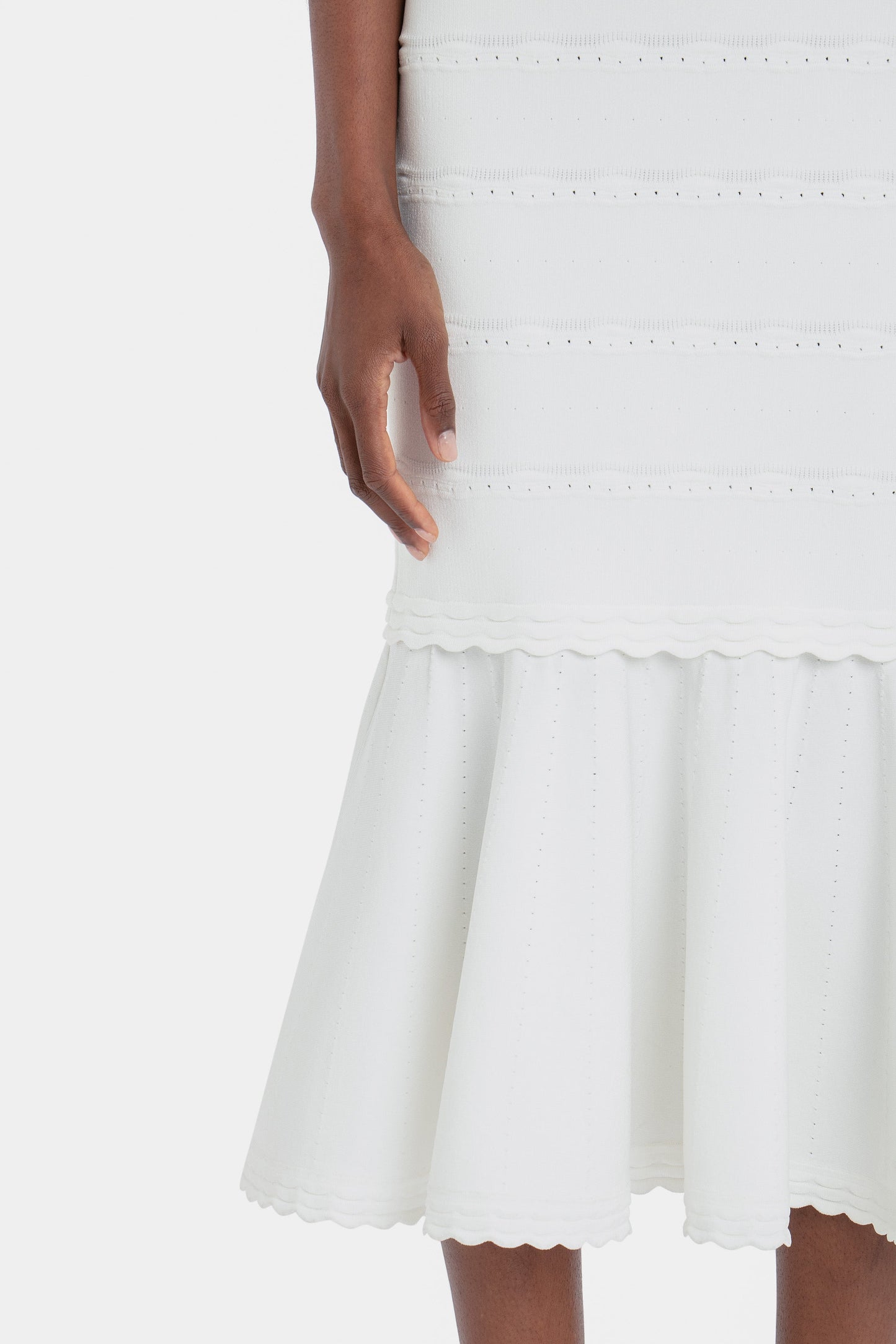 Stretch Knit Sleeveless Flared Dress In White