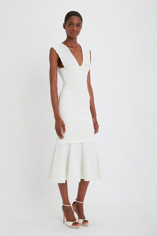 Stretch Knit Sleeveless Flared Dress In White