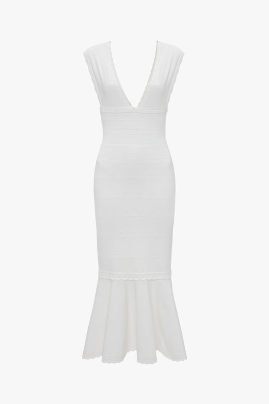 Stretch Knit Sleeveless Flared Dress In White