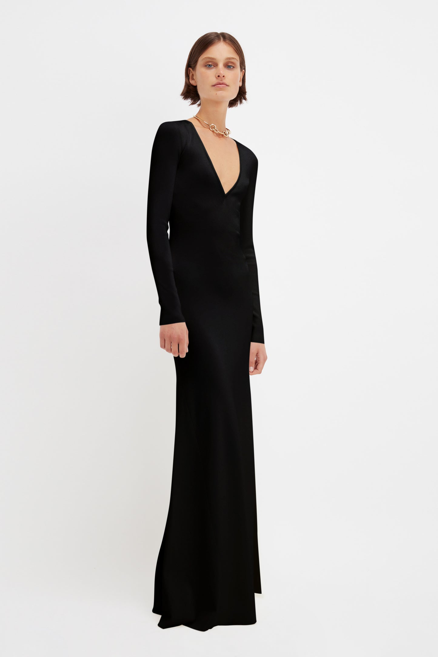 Deep V Knitted Gown In Black