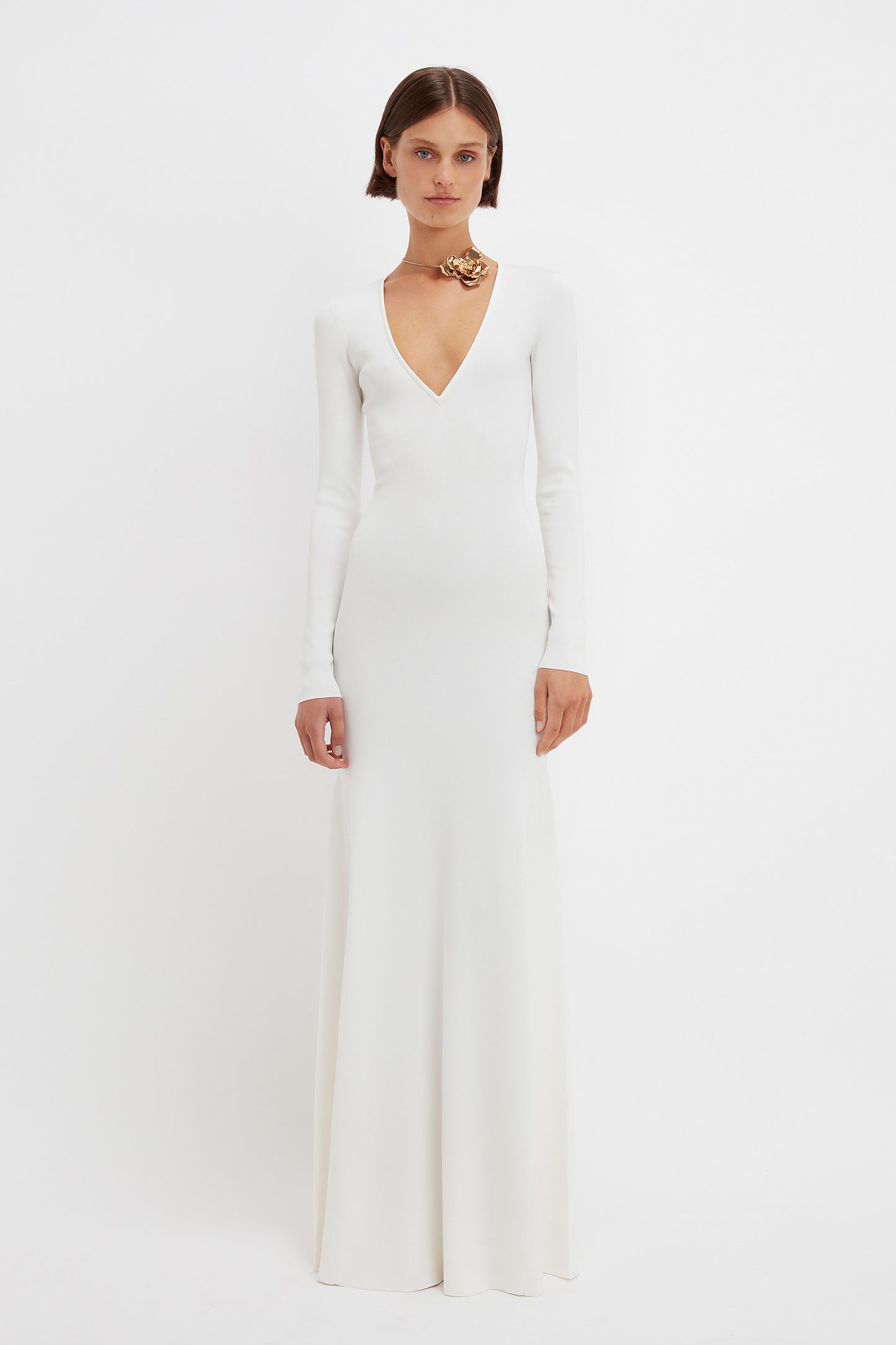 Deep V Knitted Gown In White
