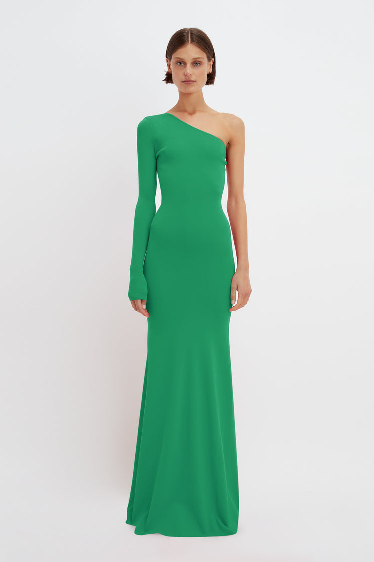 One Shoulder Knitted Gown In Green