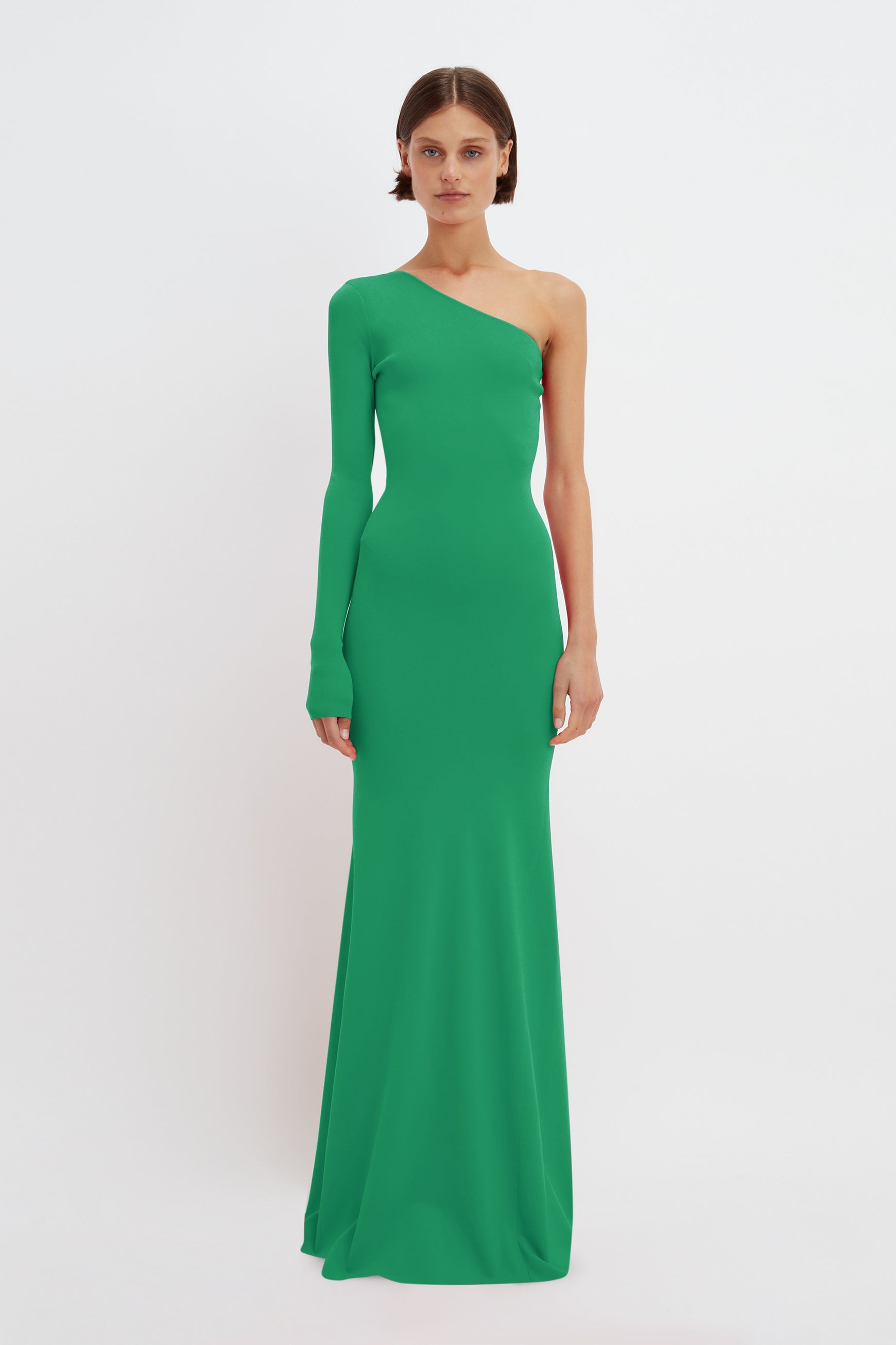 One Shoulder Knitted Gown In Green