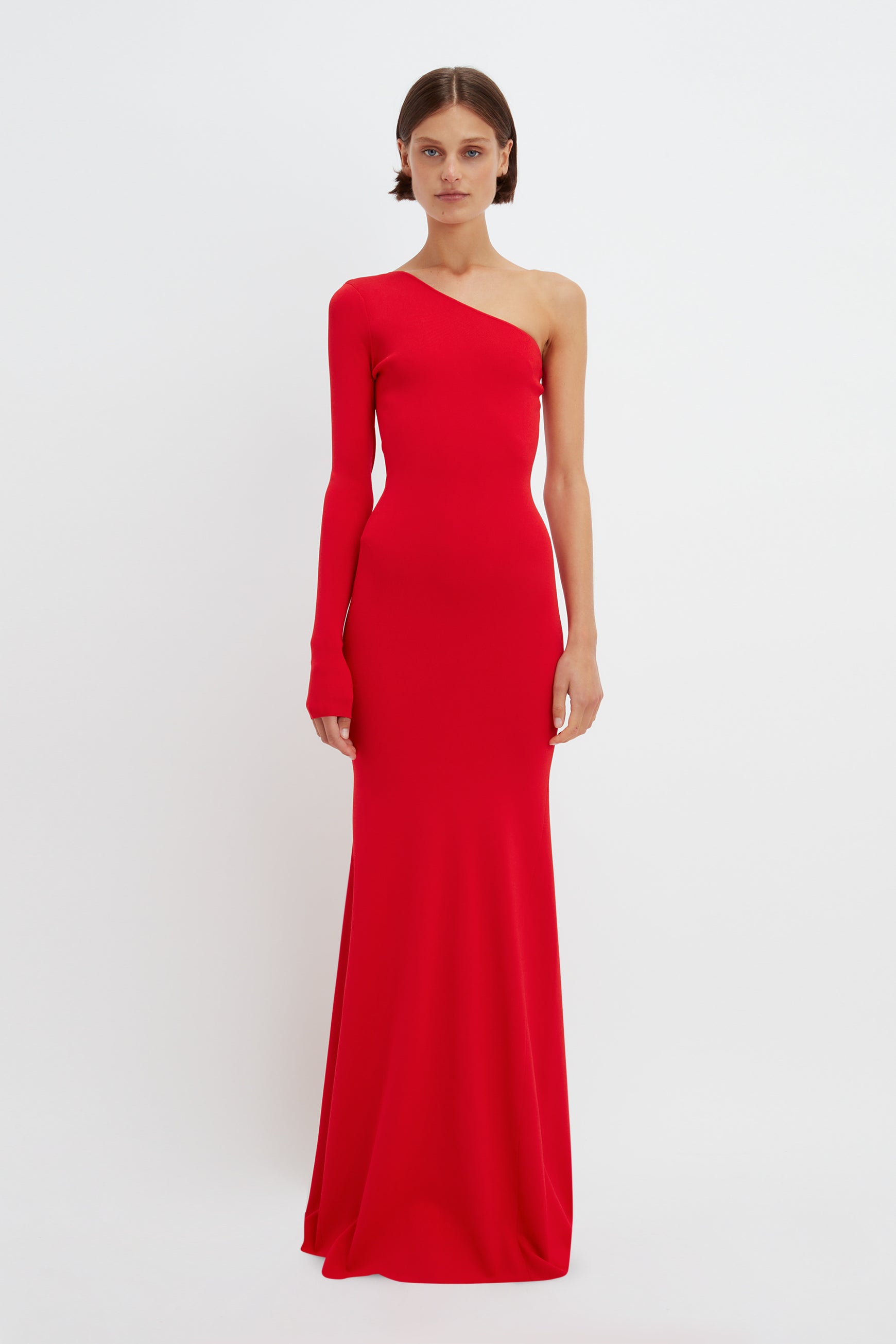 One Shoulder Knitted Gown In Red