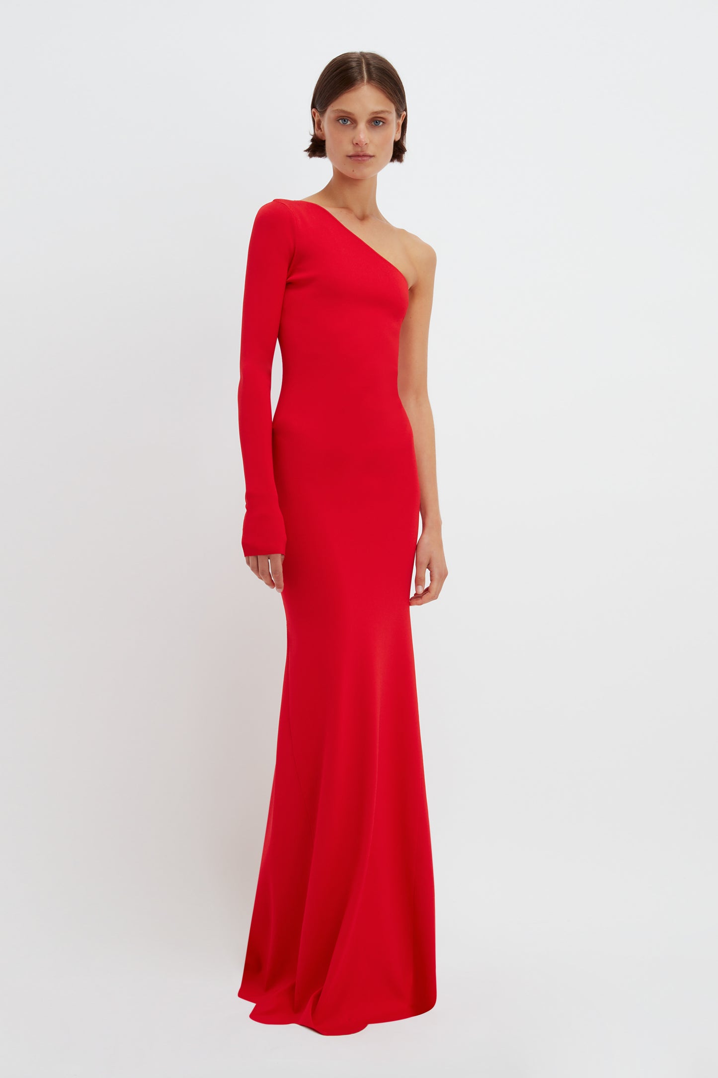 One Shoulder Knitted Gown In Red