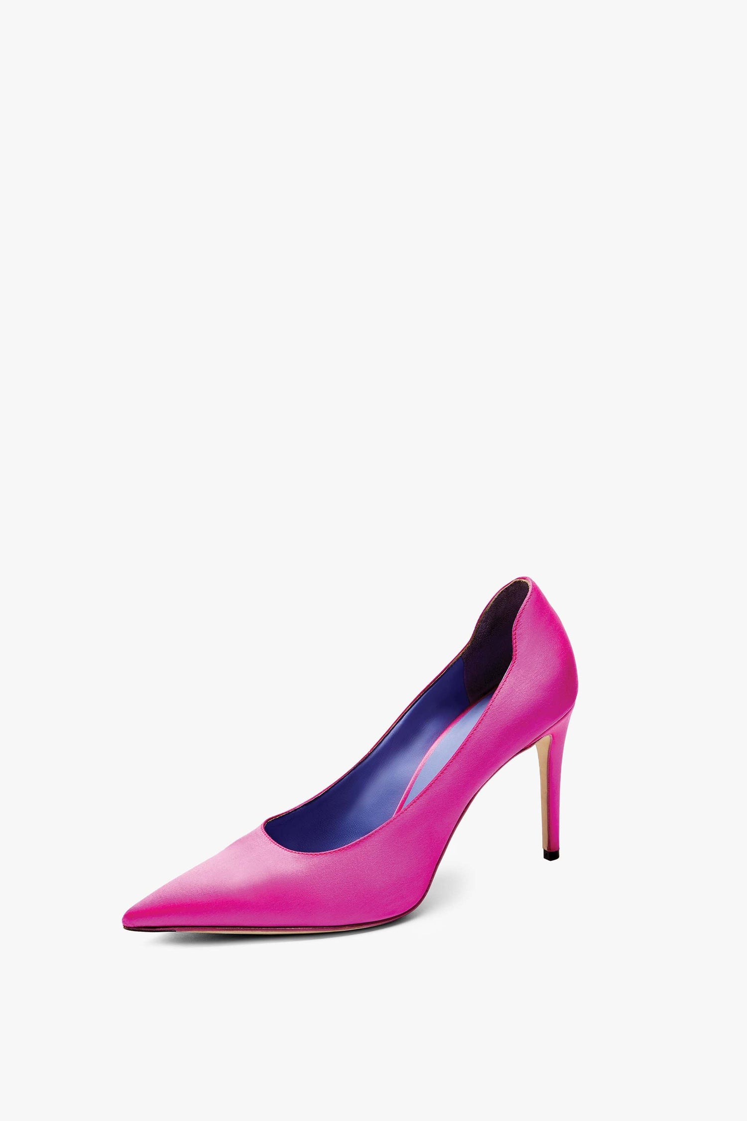 A fuchsia satin pump handcrafted in Italy, the Victoria Beckham VB 90 Pumps feature a pointed toe and a 90mm stiletto heel against a white background.